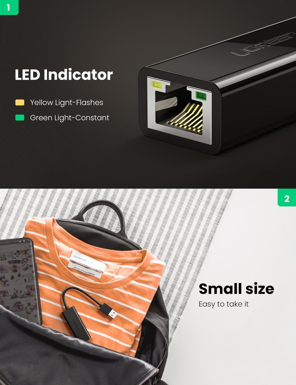 UGREEN CR111 Network Card, RJ45, USB 3.0, Black