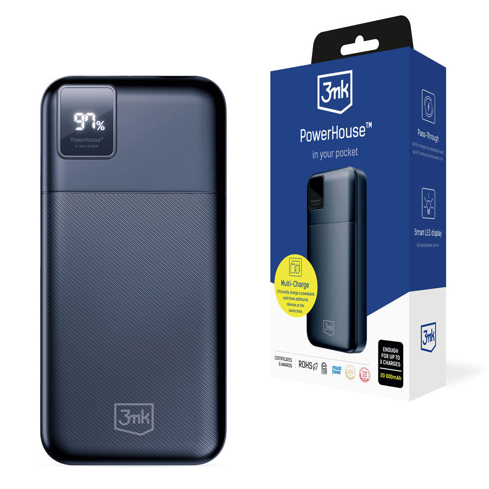 3MK PowerHouse Externer Akku, 20000mAh, 22,5W, QC + PD, 1 x USB-A - 1 x USB-C, Schwarz