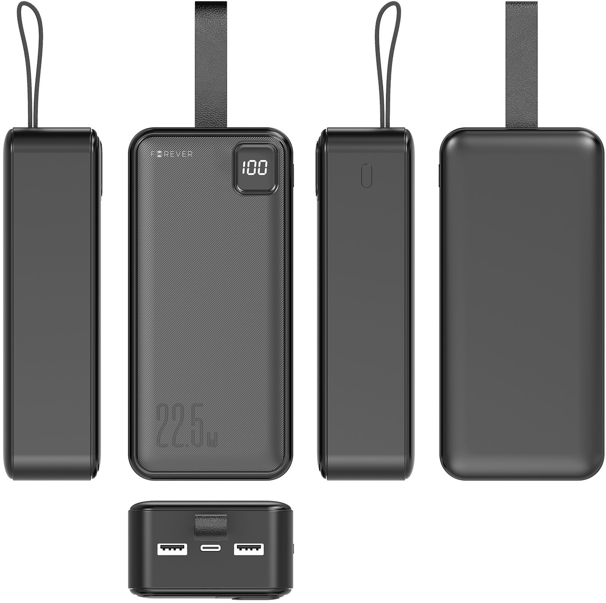 Forever TB-300XL Powerbank, 30000 mAh, 22,5 W, QC + PD, 1 x USB-C – 2 x USB-A, Schwarz