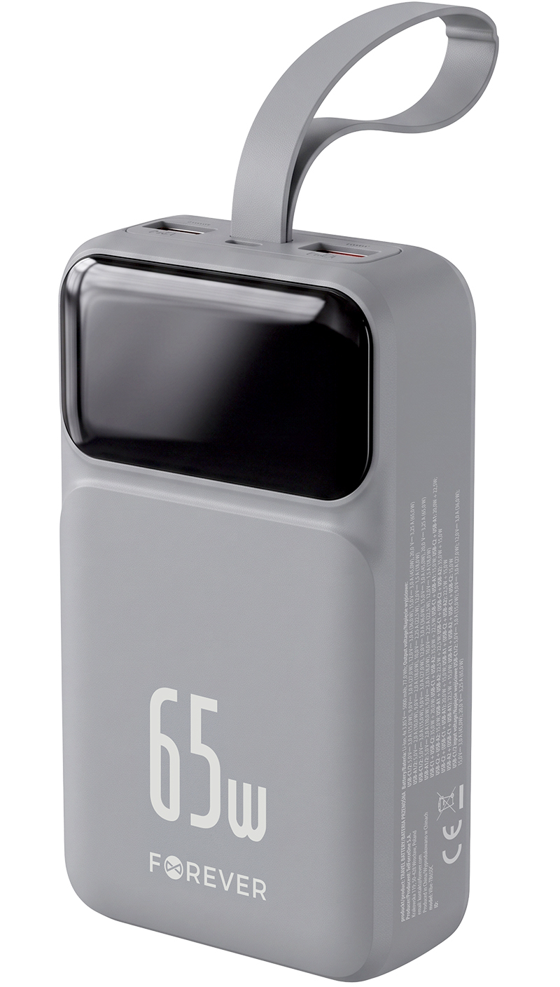 Forever Vibe-TB65 External Battery, 20000mAh, 65W, QC + PD, 2 x USB-A - 2 x USB-C, Gray
