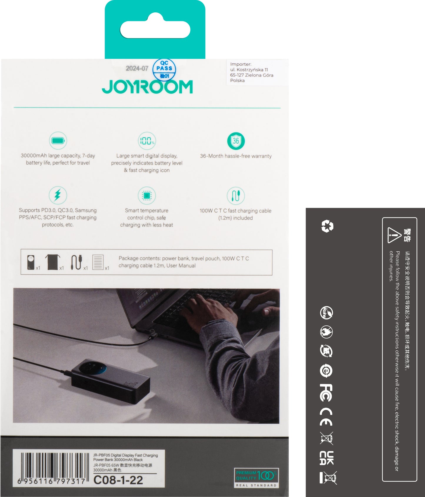 Externer Akku Joyroom JR-PBF05, 30000mAh, 65W, QC + PD, 1 x USB-A - 2 x USB-C, Schwarz