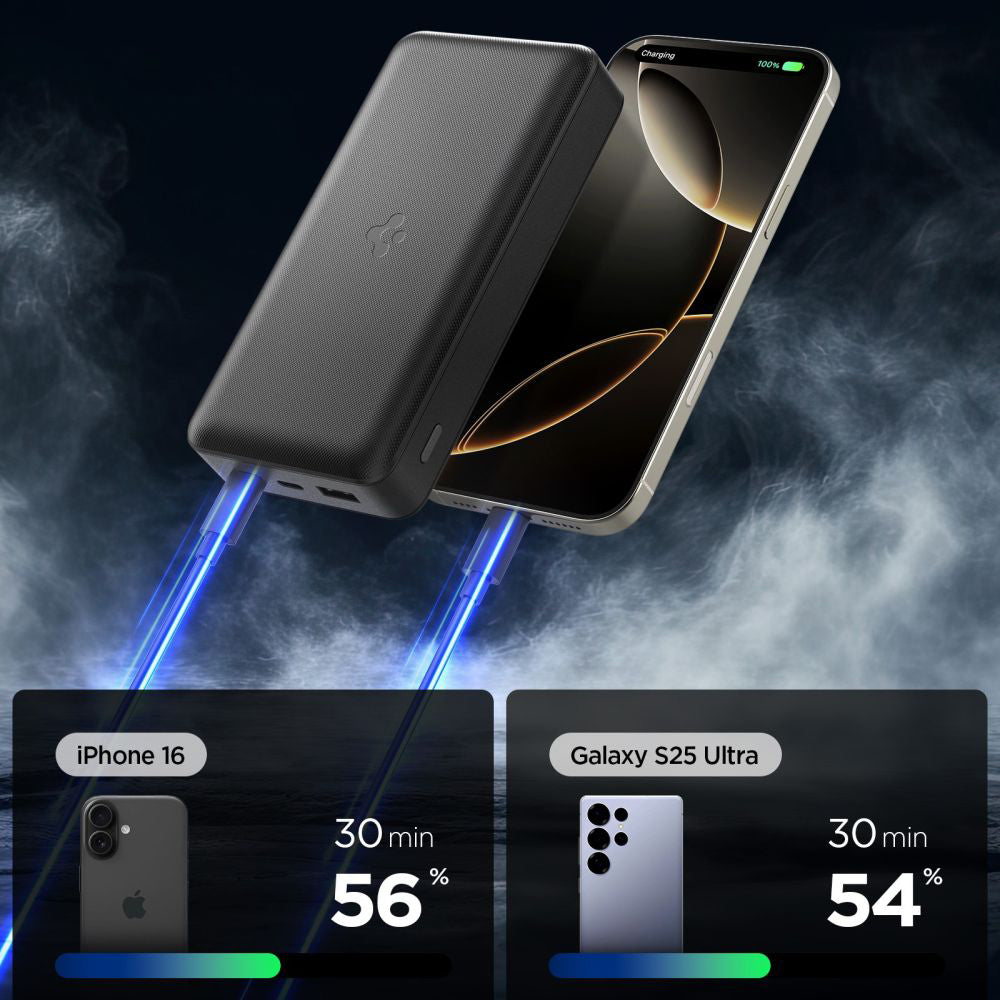 Spigen External Battery, 20000mAh, 30W, QC + PD, 1 x USB-A - 2 x USB-C, Black ABA09433