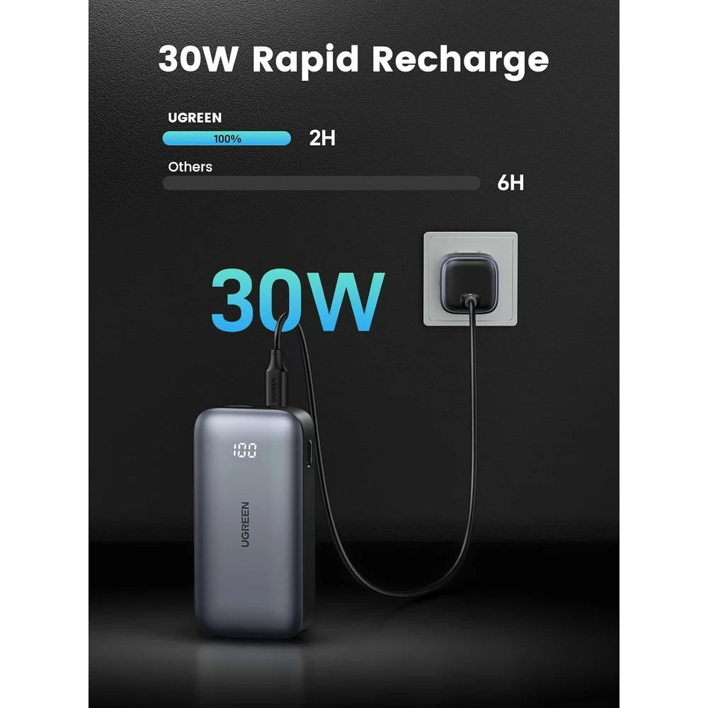 UGREEN PB502 Externer Akku, 10000mAh, 30W, QC + PD, 1 x USB-A - 1 x USB-C, Grau