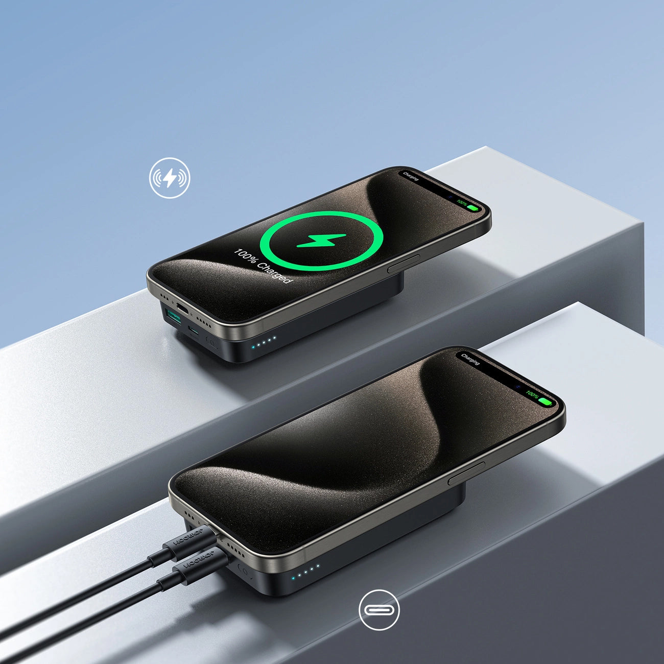 Externer Wireless-Akku Joyroom JR-W020, 10000mAh, 20W, QC + PD + FQI, 1 x QI - 1 x USB-A - 1 x USB-C, Schwarz