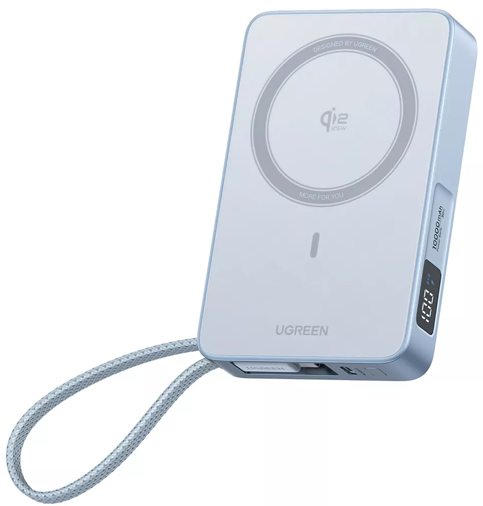 Wireless Powerbank UGREEN MagFlow PB773 (65958), 10000mAh, 25W, PD + FQI, 1 x QI - 2 x USB-C, Blau