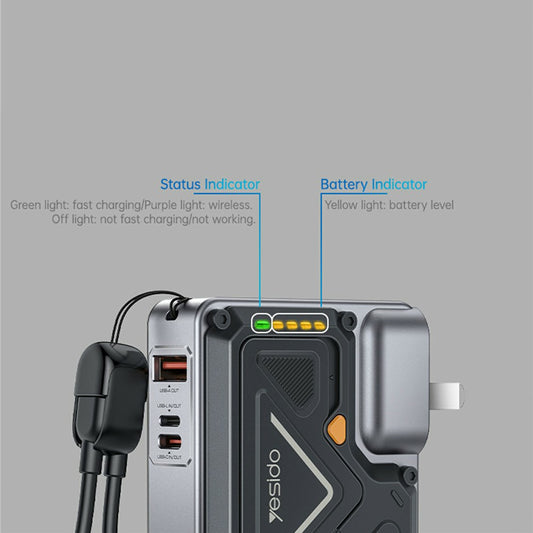 Externer Akku Yesido YP89, 10000mAh, 22.5W, QC + PD + FQI, 1 x Lightning - 1 x QI - 1 x USB-A - 1 x USB-C, Grau