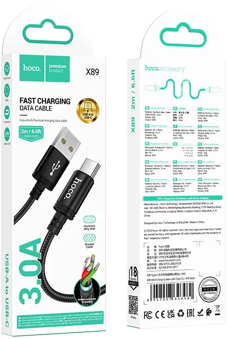 Daten- und Ladekabel USB-A - USB-C HOCO X89, 18W, 2m, Schwarz