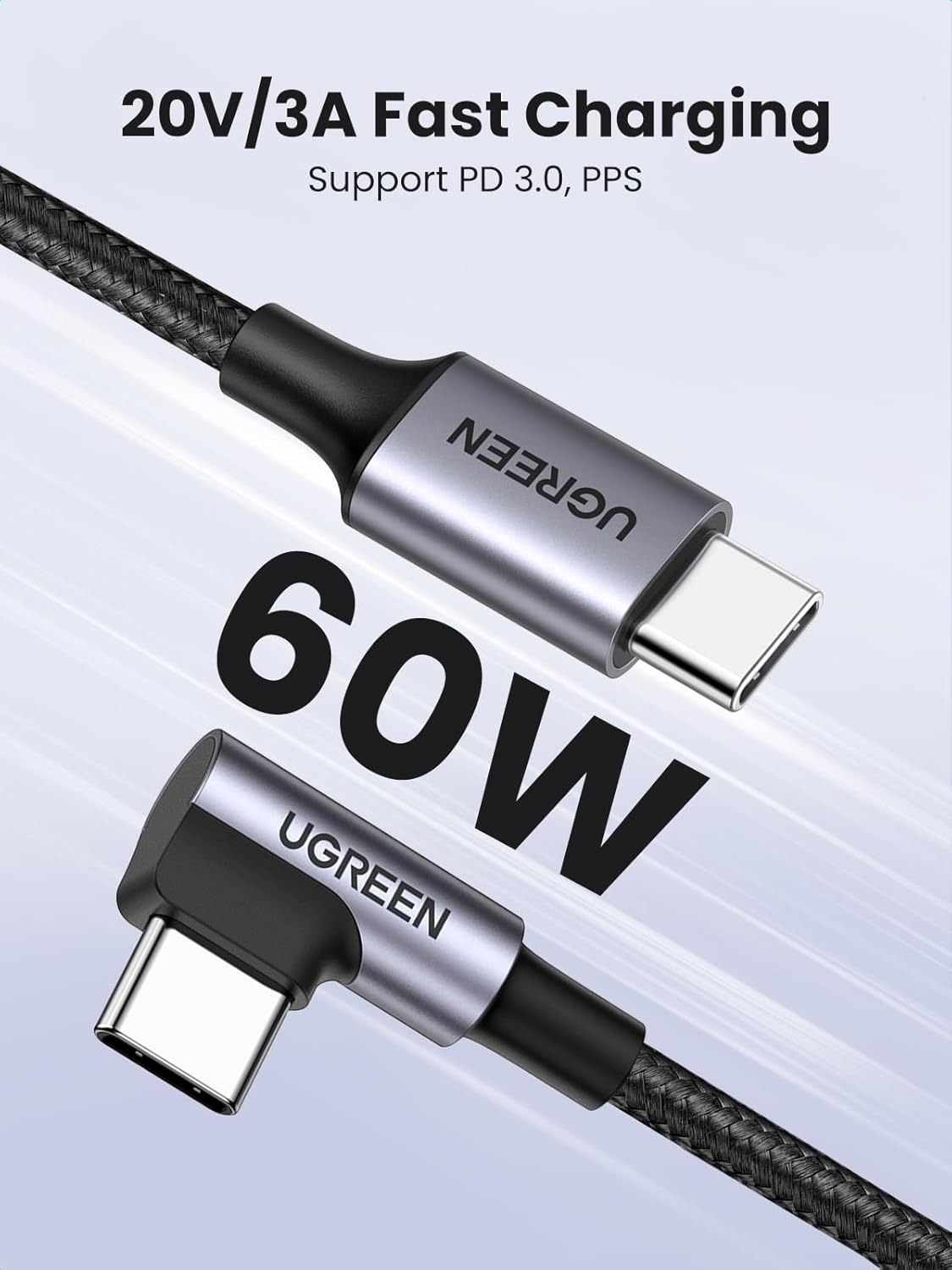 USB-C Daten- und Ladekabel - USB-C UGREEN US255 Angled, 60W, 3m, Grau