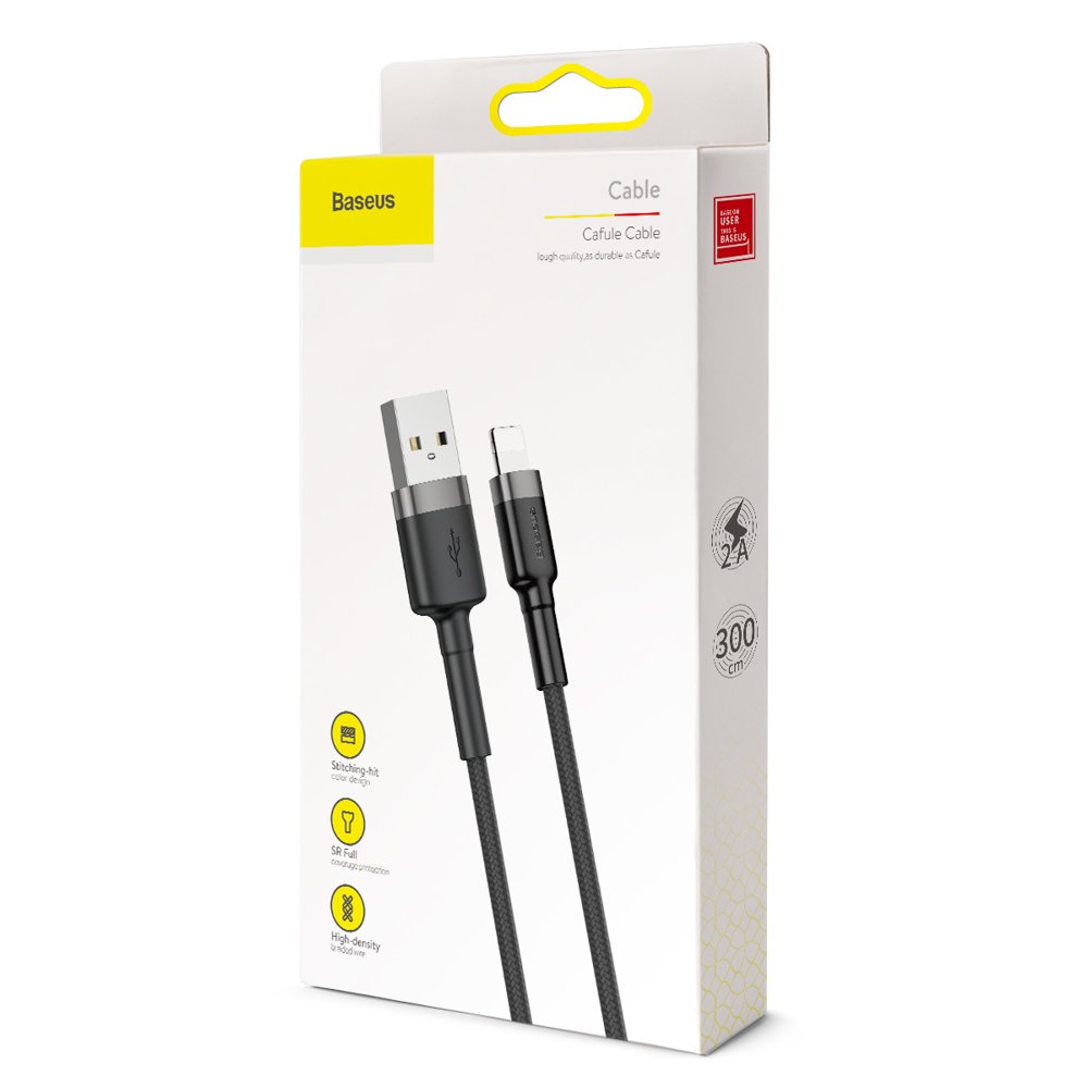 USB-A to Lightning Baseus Cafule Data and Charging Cable, 18W, 3m, Grey CALKLF-RG1