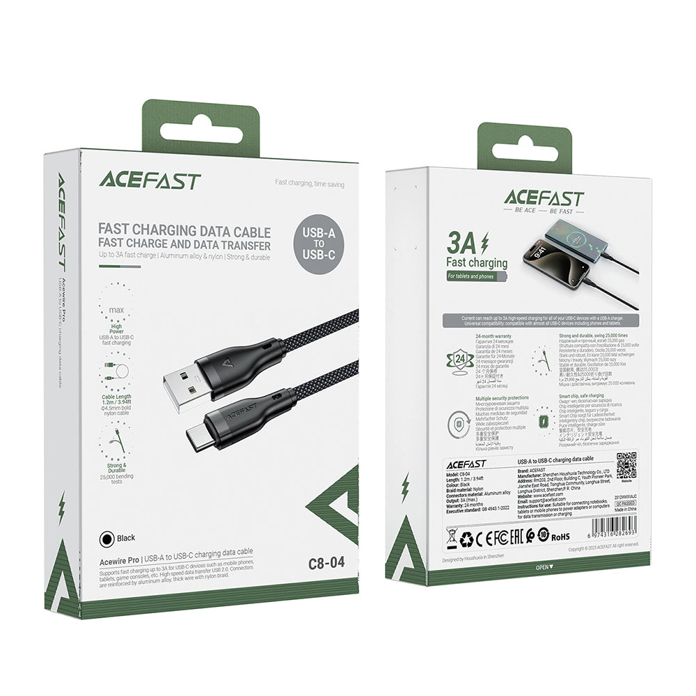 Acefast C8-04 USB-A to USB-C Data and Charging Cable, 18W, 1.2m, Black