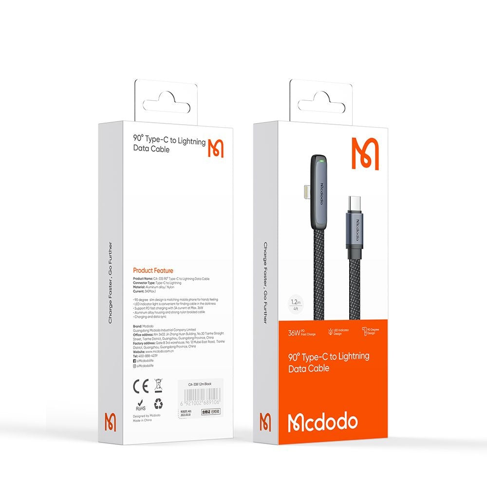 USB-C to Lightning McDodo CA-3350 Angled Data and Charging Cable, 36W, 1.2m, Black