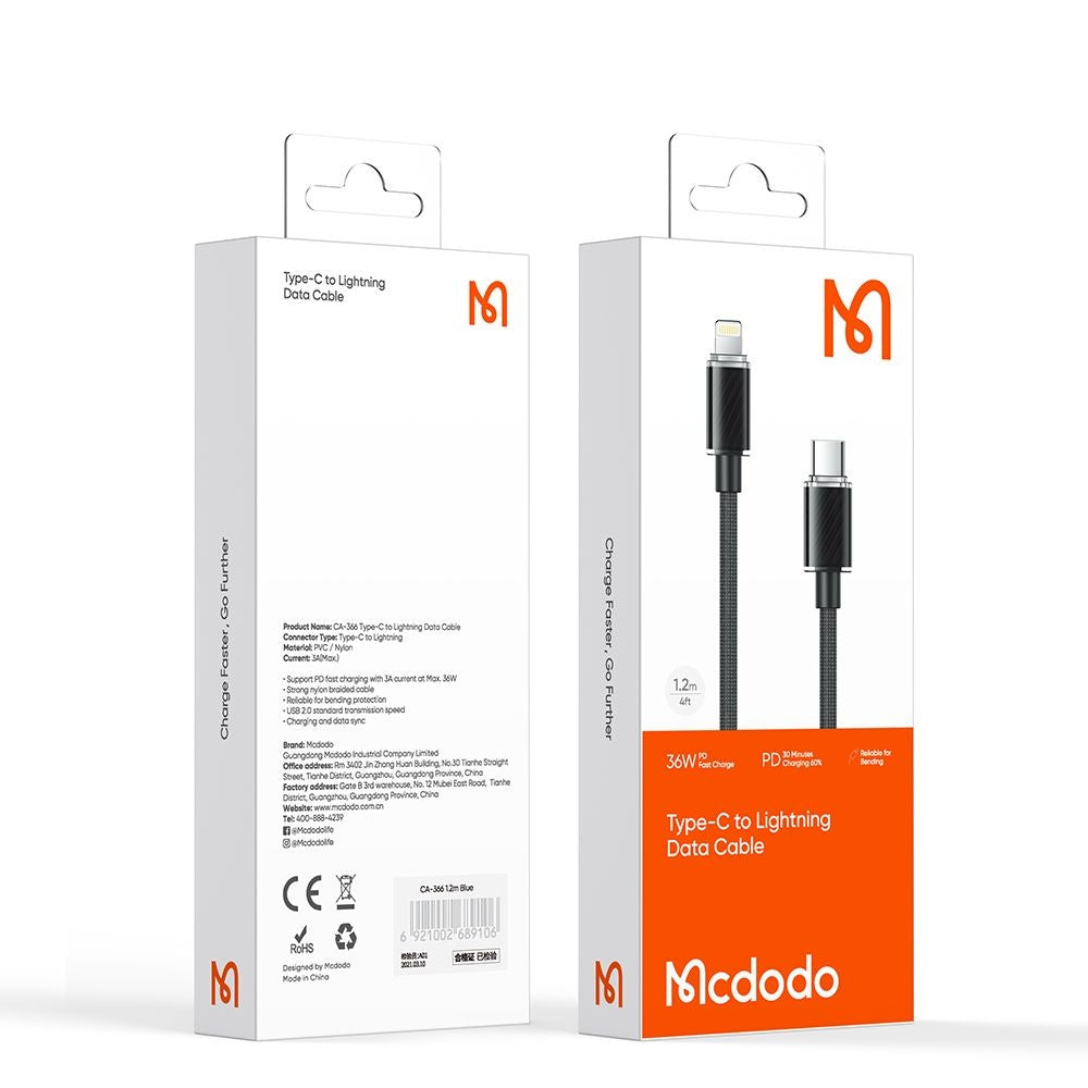 Daten- und Ladekabel USB-C - Lightning McDodo CA-3660, 36W, 1.2m, Schwarz