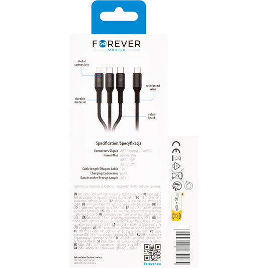 Forever 3in1 USB-A - Lightning / 2 x USB-C Forever 3in1-Ladekabel, 60W, 1,2m, Schwarz