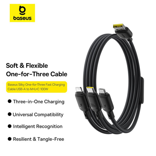 USB-A - Lightning / microUSB / USB-C Baseus Silky 3in1 Ladekabel, 100W, 1.5m, Schwarz P10377705123-00