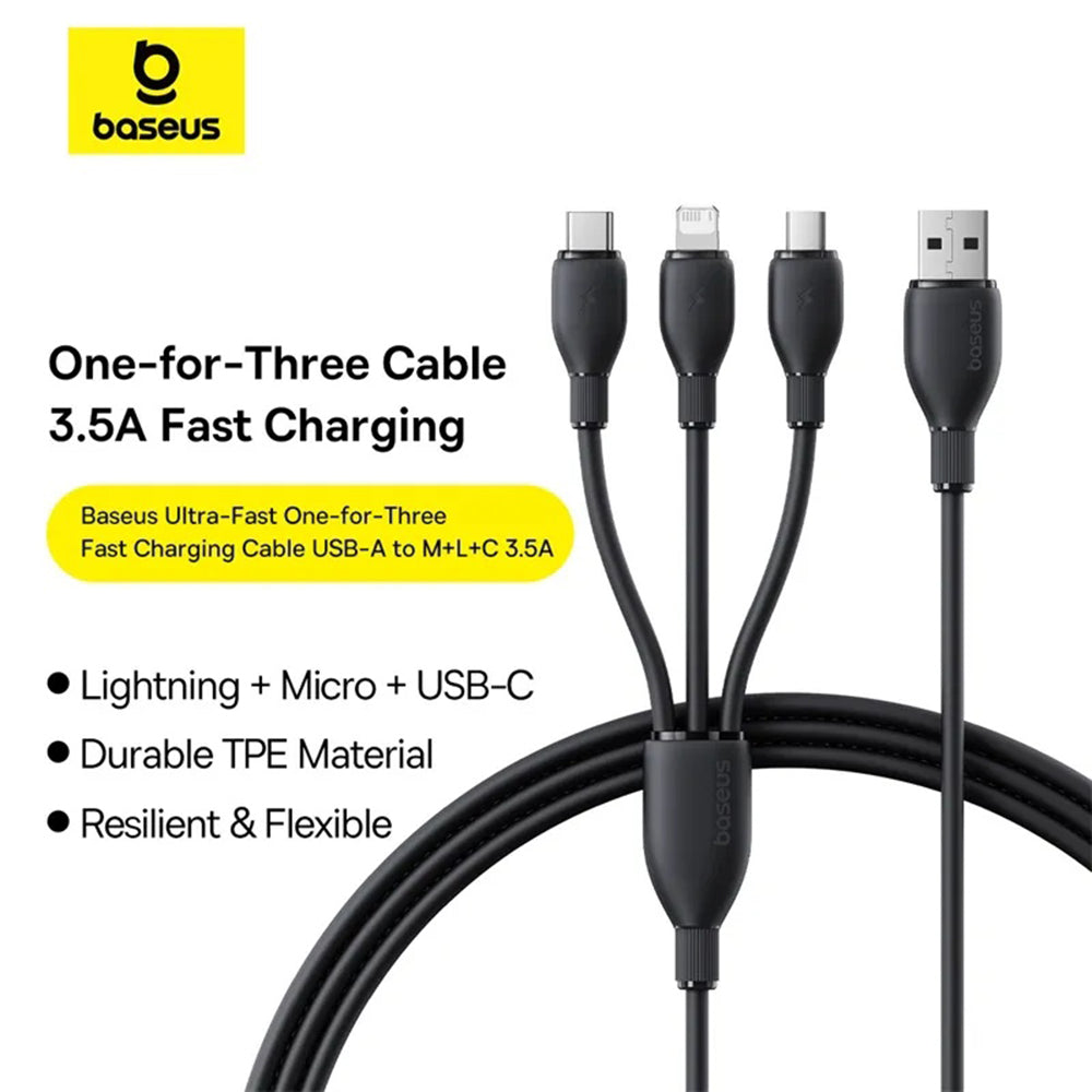 USB-A-Ladekabel - Lightning / microUSB / USB-C Baseus Ultra Fast 3in1, 18W, 0,8m, Schwarz P10377501111-00
