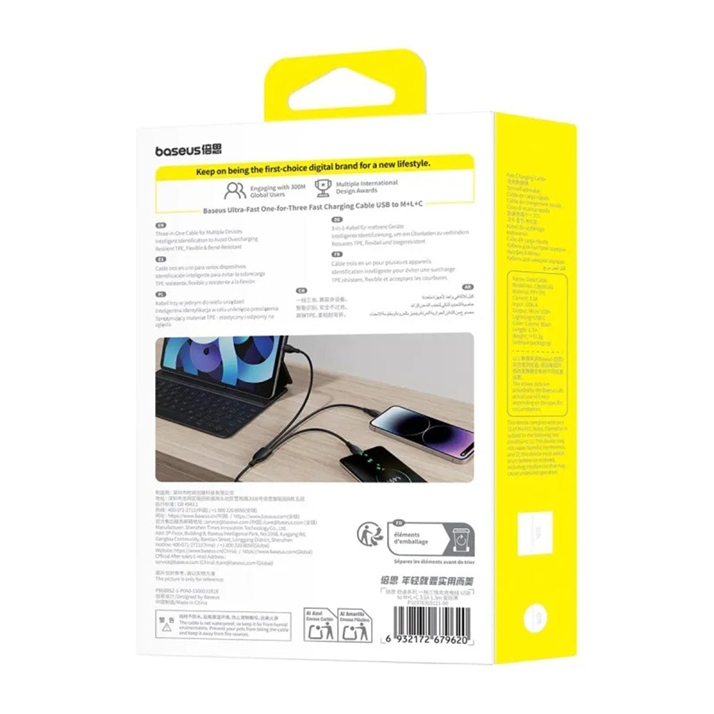 USB-A-Ladekabel - Lightning / microUSB / USB-C Baseus Ultra Fast 3in1, 18W, 0,8m, Schwarz P10377501111-00