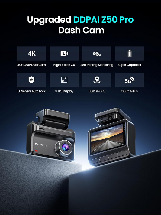 DDPAI Z50 Pro Dual Front and Rear Car Camera, 4K, Wi-Fi, GPS, 3-inch Display