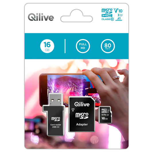 microSDHC Speicherkarte Qilive, 16GB, Klasse 10, mit Kartenleser und Adapter EKMSDM16GHC10QL