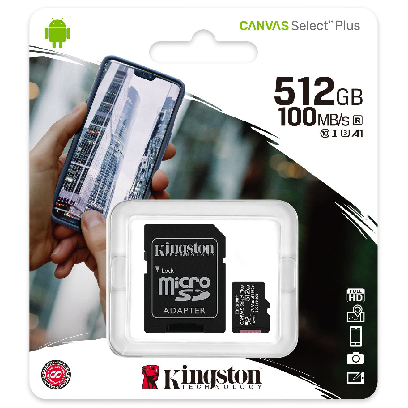 microSDXC Speicherkarte Kingston Canvas Select Plus Android A1, 512GB, Klasse 10 / UHS-1 U3, mit Adapter SDCS2/512GB