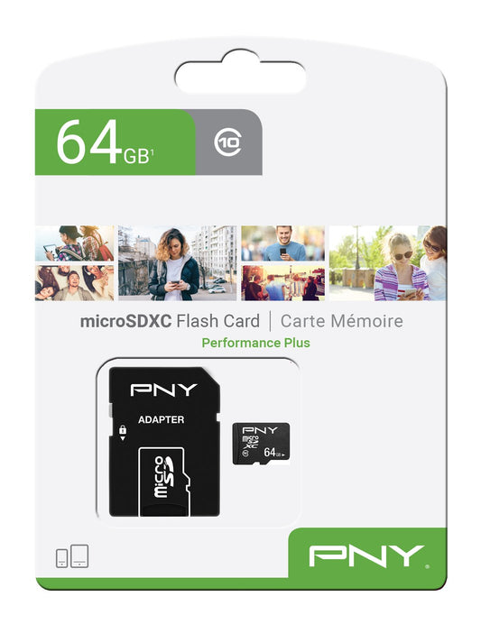 Speicherkarte microSDXC PNY Performance Plus, 64Gb, Klasse 10, mit Adapter P-SDU64G10PPL-GE