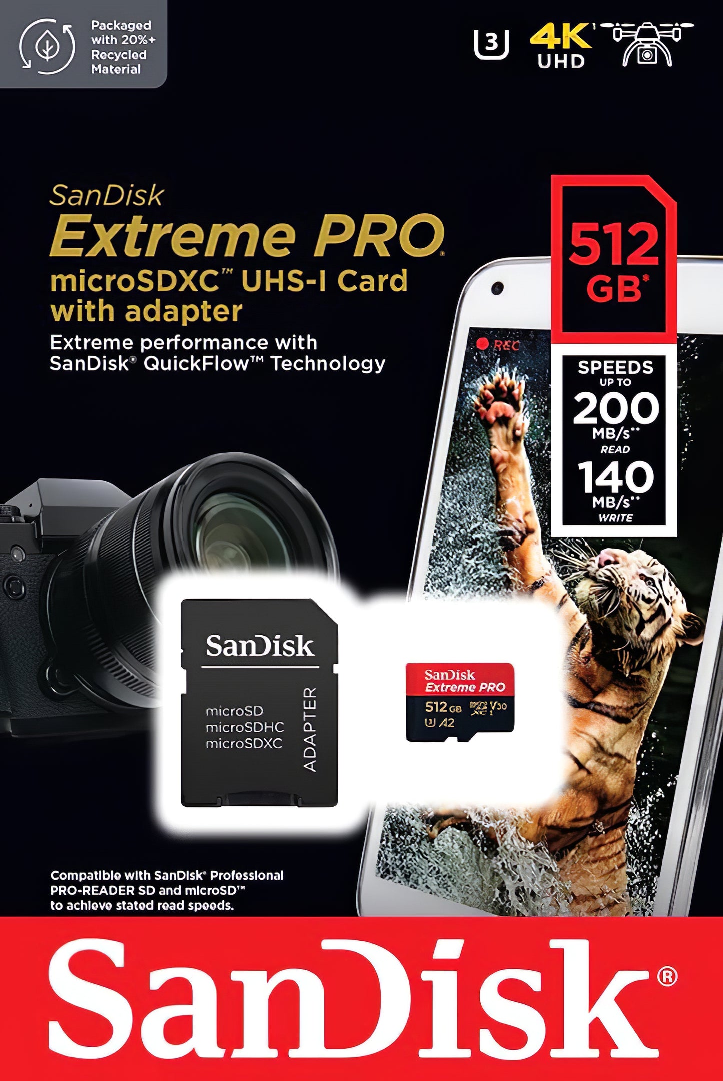 Speicherkarte microSDXC SanDisk Extreme Pro, 512Gb, Klasse 10 / UHS-1 U3, mit Adapter SDSQXCD-512G-GN6MA