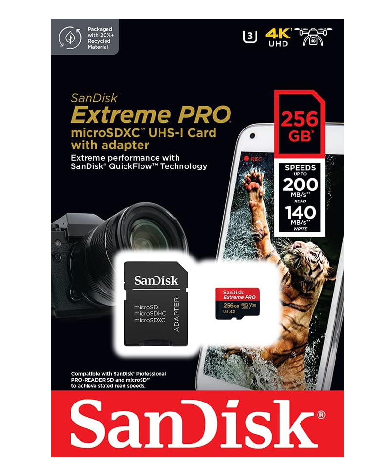 Speicherkarte microSDXC SanDisk Extreme Pro, 256Gb, Klasse 10 / UHS-1 U3, mit Adapter SDSQXCD-256G-GN6MA