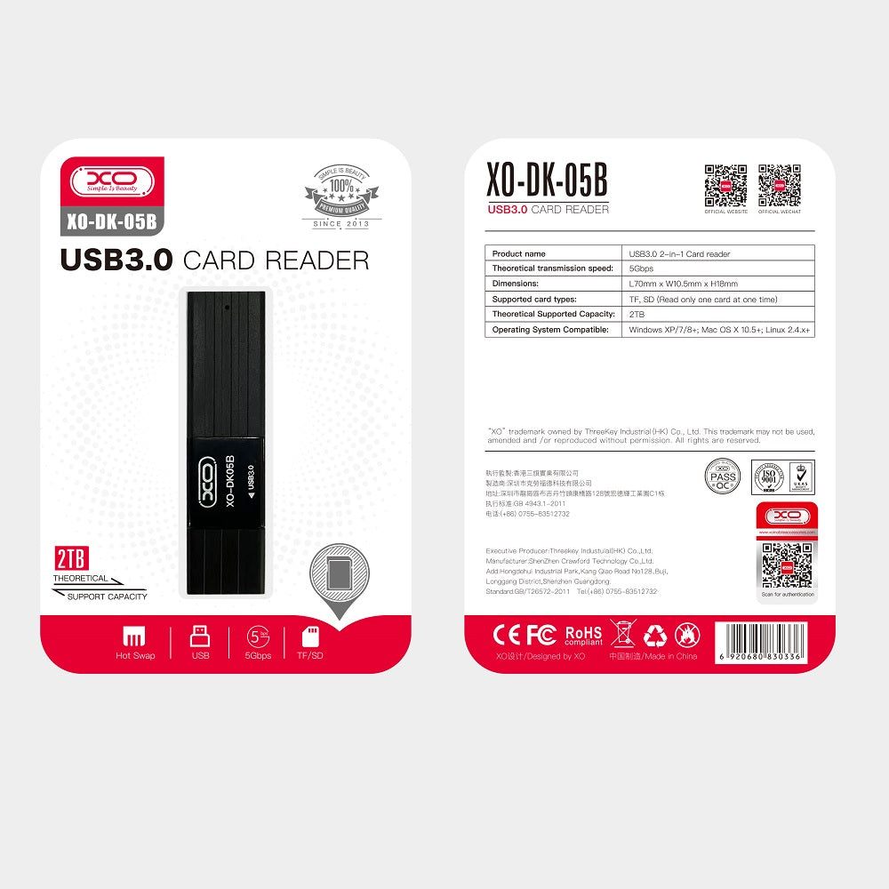 USB 3.0 Kartenleser XO Design DK05B, SD - microSD, Schwarz