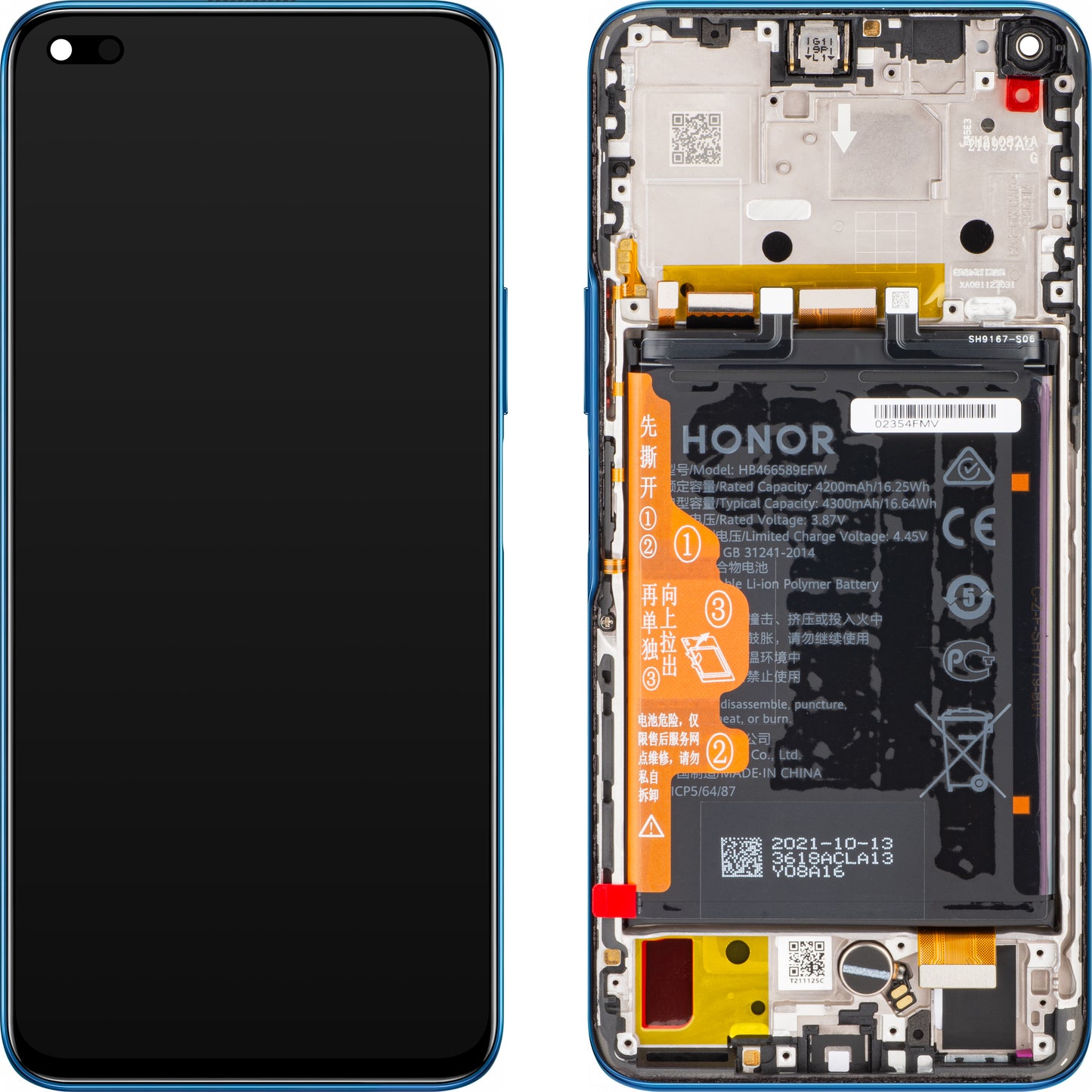 Touchscreen Display Honor 50 Lite, with Frame and Battery, Deep Sea Blue, Service Pack 02354FMW