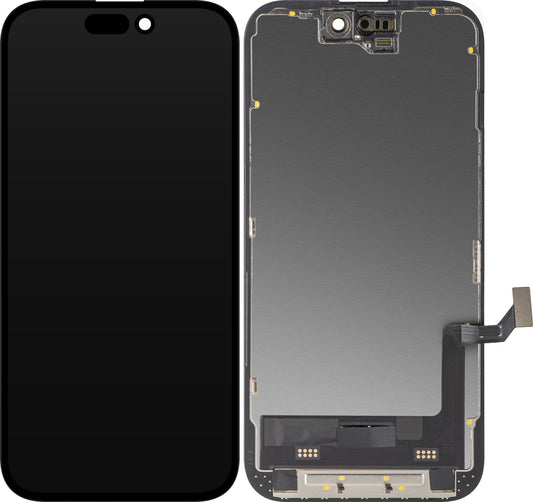 Display mit Touchscreen MP kompatibel mit Apple iPhone 15, mit Rahmen, Soft OLED FHD Diagnoseversion, Schwarz