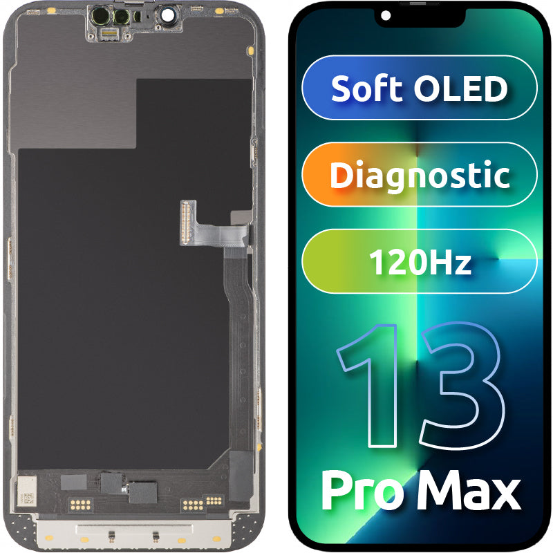 Display mit MP Touchscreen kompatibel mit Apple iPhone 13 Pro Max, mit Rahmen, Soft OLED 120Hz FHD Diagnostic Version, Schwarz
