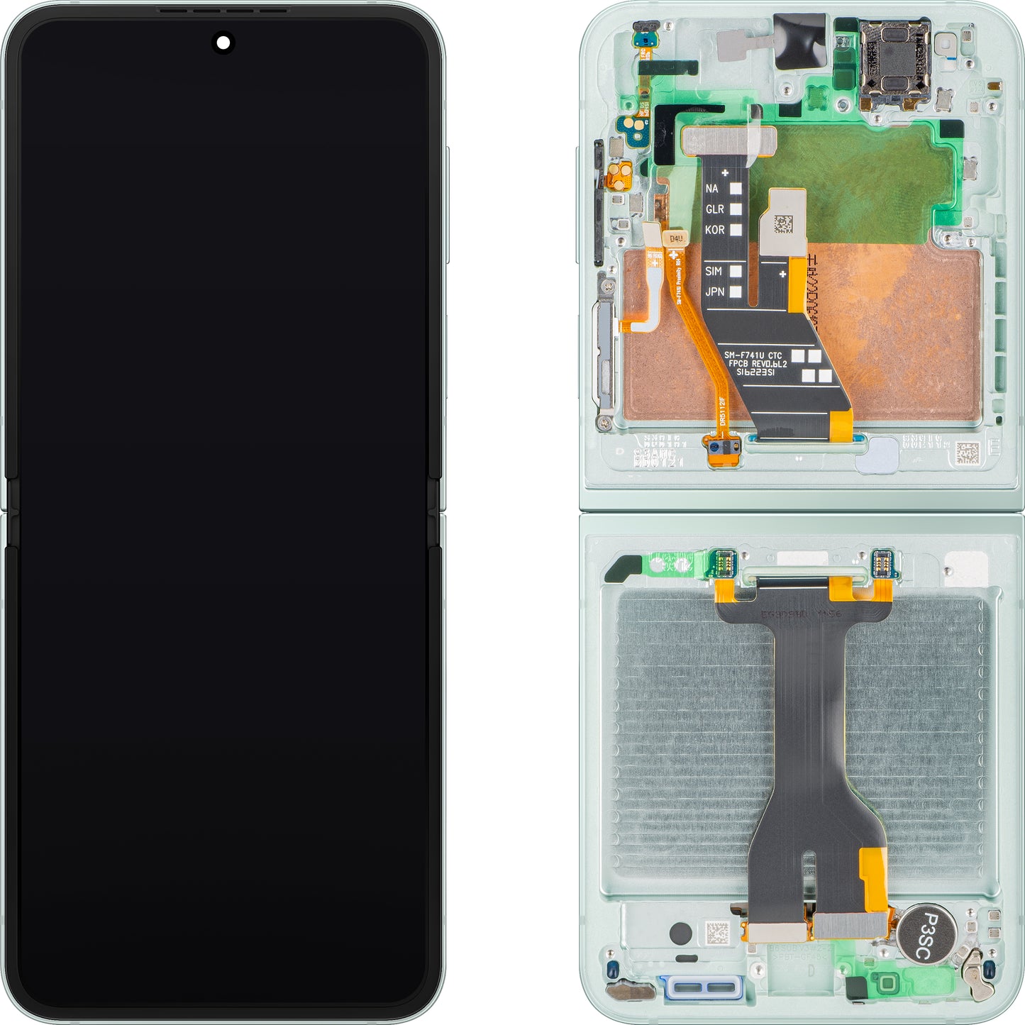 Display mit Touchscreen Samsung Galaxy Z Flip6 F741, mit Rahmen, Unter Inner, Grün (Mint), Service Pack GH82-35014D