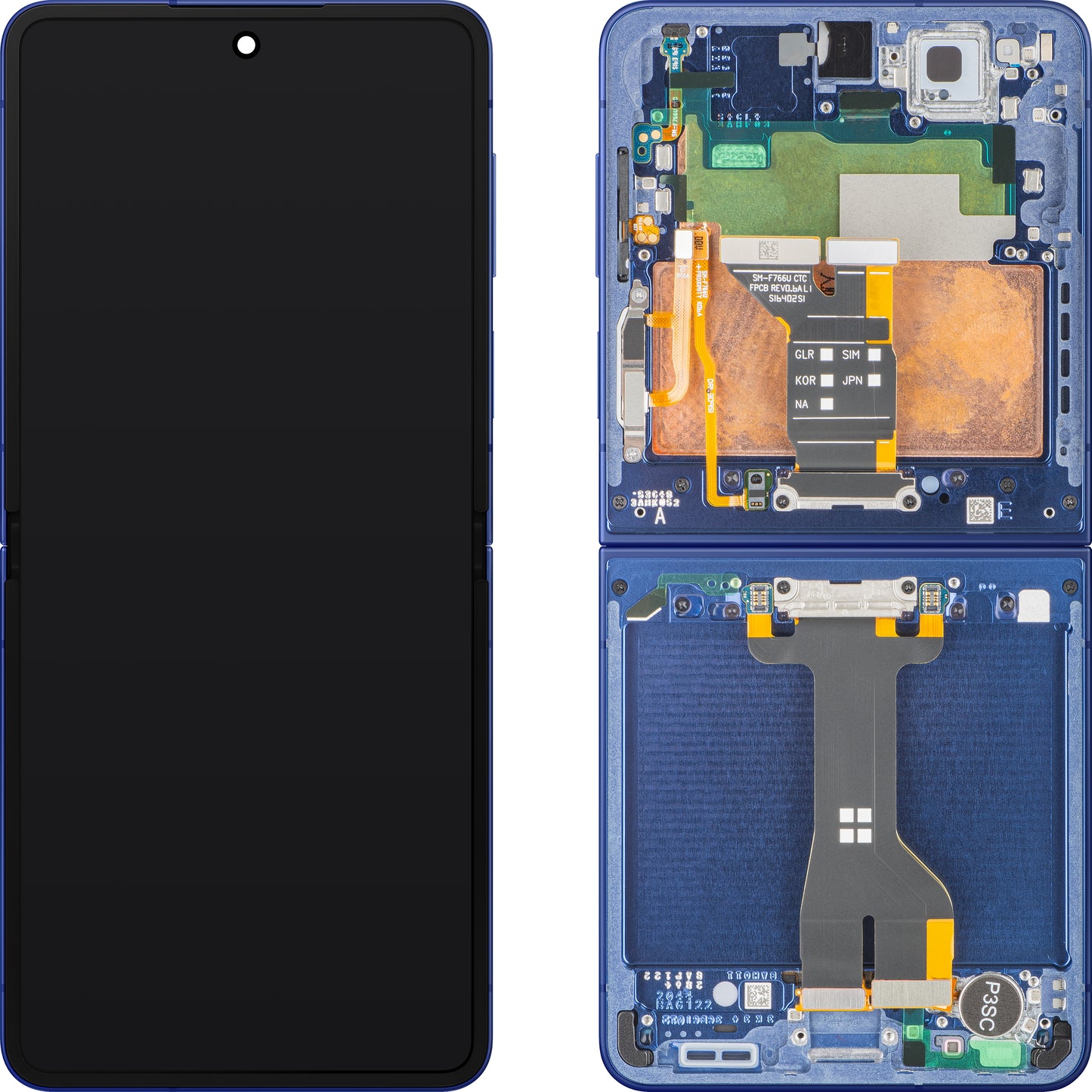 Display mit Touchscreen Samsung Galaxy Z Flip7 F766, mit Rahmen, Unter Inner, Blau (Blue Shadow), Service Pack GH82-37581A