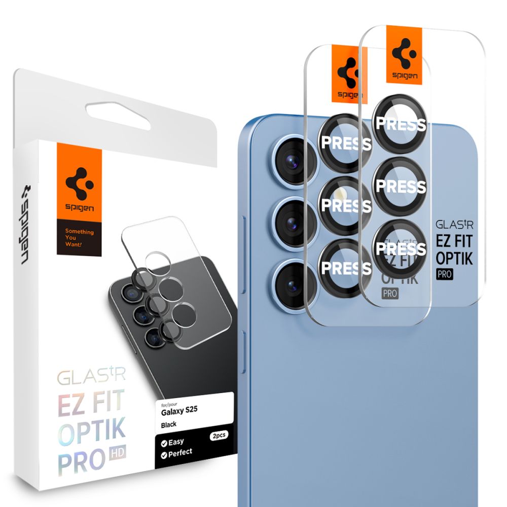 Schutzfolie für die Rückkamera Spigen GlastR EZ FIT Optik Pro HD für Samsung Galaxy S25 S931, gehärtetes Glas, Set mit 2 Stück, Schwarz AGL09092