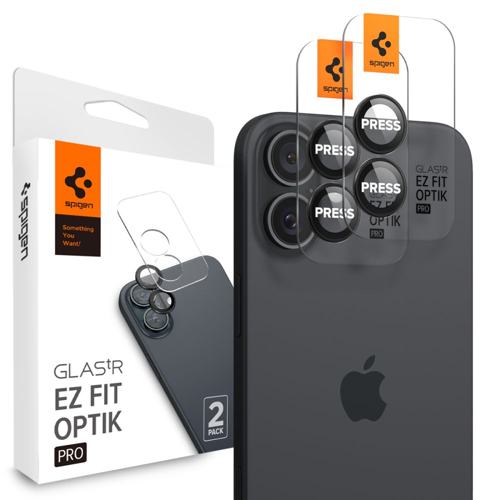 Schutzfolie für die Rückkamera Spigen GlastR EZ FIT Optik Pro für Apple iPhone 17 / 16 Plus / 16, gehärtetes Glas, Set mit 2 Stück, Schwarz AGL07921