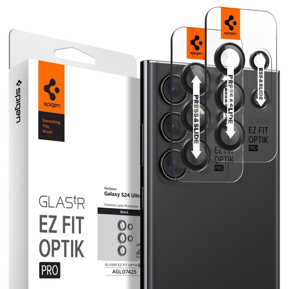 Schutzfolie für die Rückkamera Spigen GlastR EZ FIT Optik Pro für Samsung Galaxy S24 Ultra S928, Gehärtetes Glas, Set mit 2 Stück, Schwarz