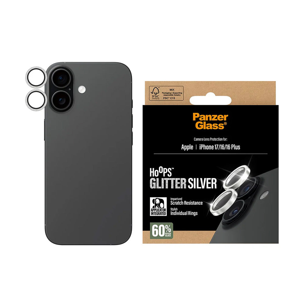Schutzfolie für die Rückkamera PanzerGlass Hoops Glitter für Apple iPhone 17 / 16 Plus / 16, gehärtetes Glas, Silberfarben