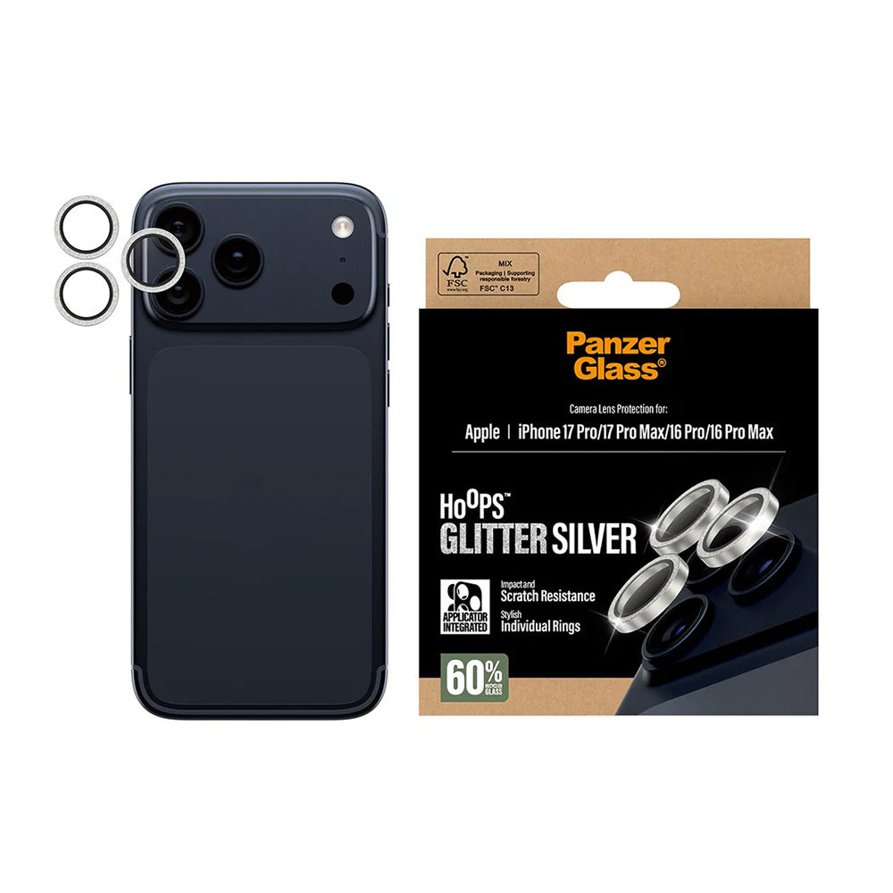 PanzerGlass Hoops Glitter Rear Camera Protector for Apple iPhone 17 Pro Max / 17 Pro / 16 Pro Max / 16 Pro, Tempered Glass, Silver