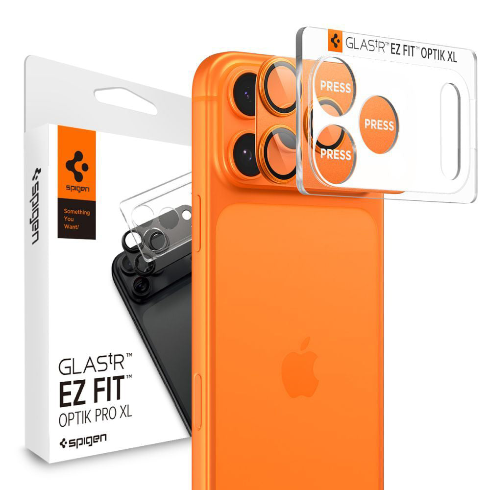 Schutzfolie für die Rückkamera Spigen GlastR EZ FIT Optik Pro für Apple iPhone 17 Pro Max, gehärtetes Glas, Set mit 2 Stück, Orange AGL10650