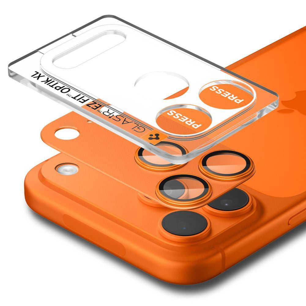 Schutzfolie für die Rückkamera Spigen GlastR EZ FIT Optik Pro für Apple iPhone 17 Pro Max, gehärtetes Glas, Set mit 2 Stück, Orange AGL10650