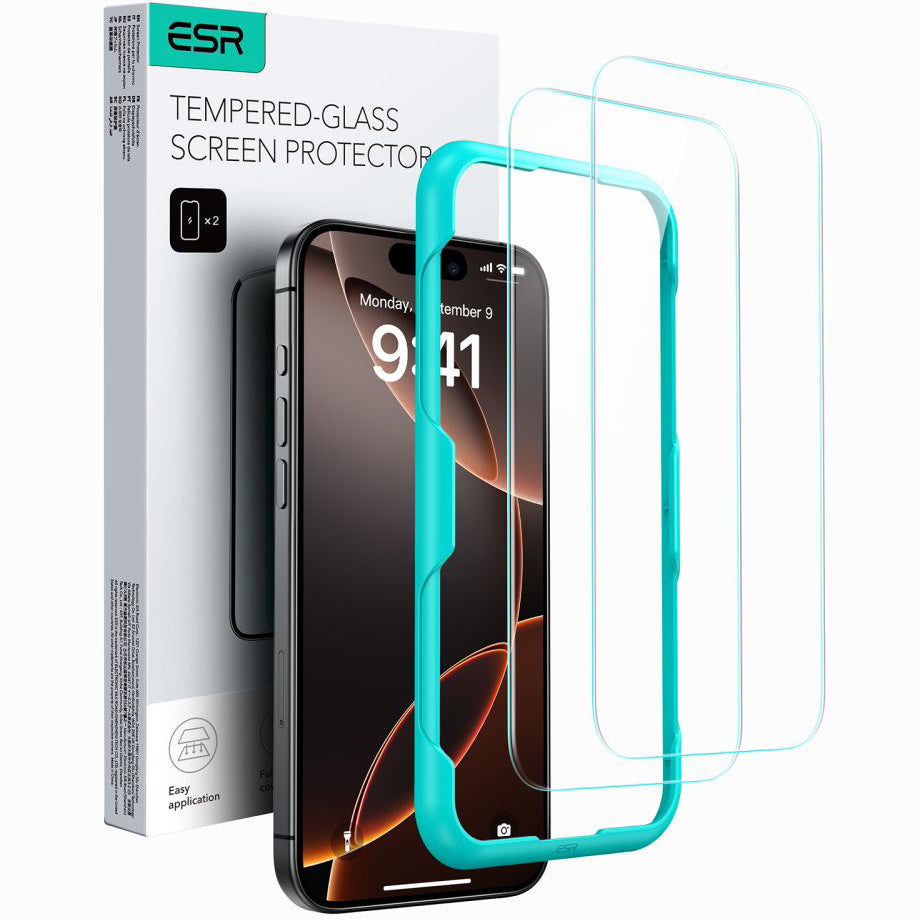Schutzfolie ESR für Apple iPhone 16 / 15, gehärtetes Glas, Full Glue, Set mit 2 Stück, Schwarz