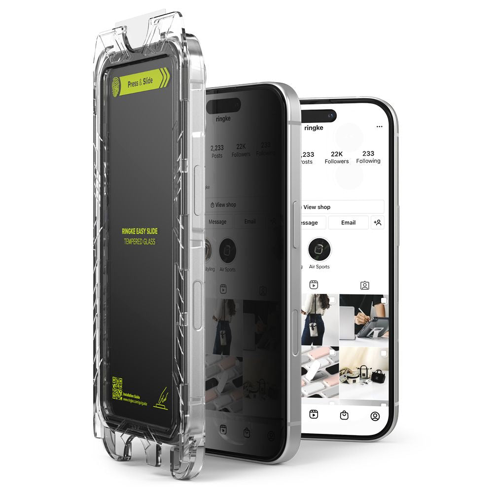 Schutzfolie Privacy Ringke Easy Slide für Apple iPhone 16 / 15, gehärtetes Glas, Vollkleber, Set mit 2 Stück