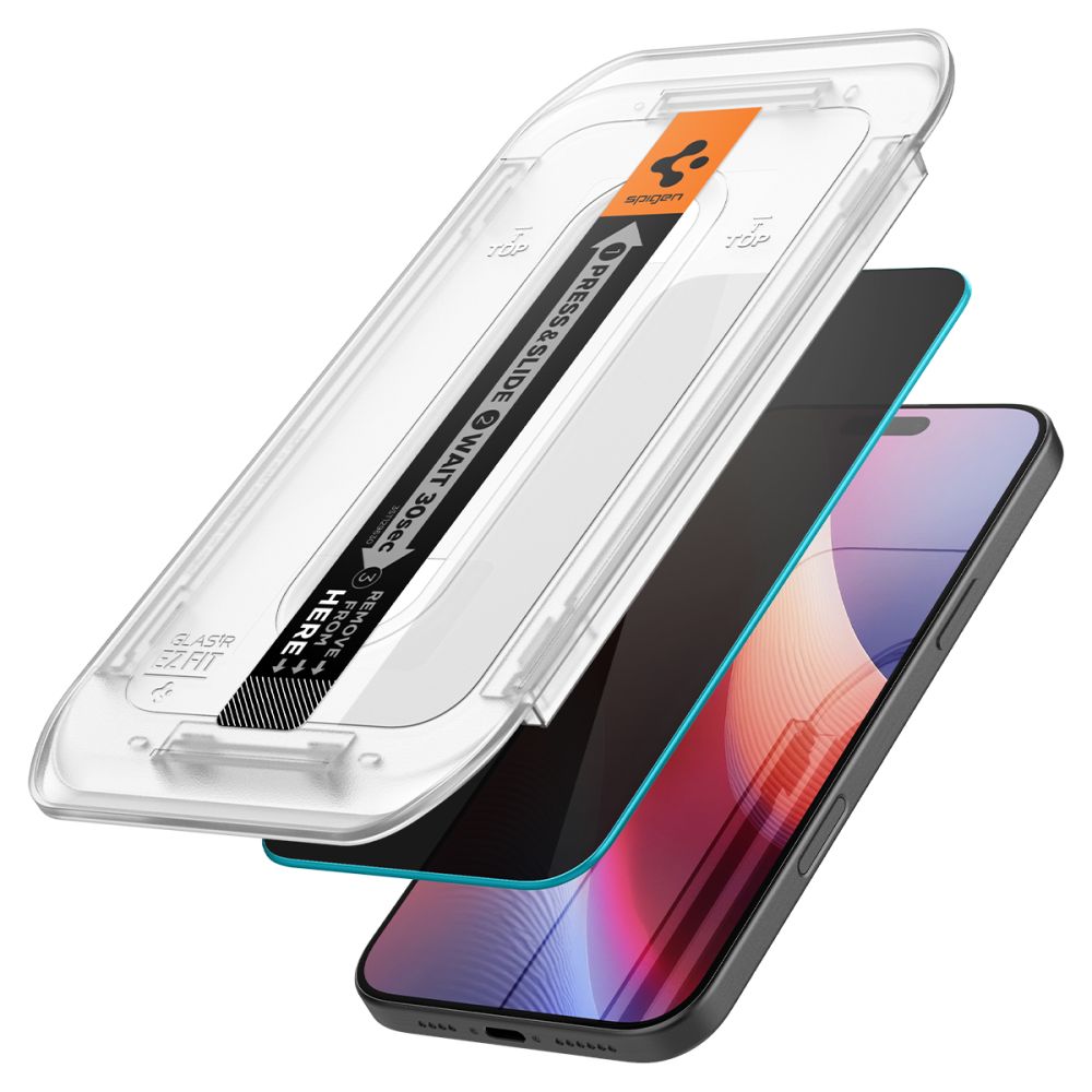 Displayschutzfolie Privacy Spigen GlastR EZ FIT für Apple iPhone 17 Pro / 17 / 16 Pro, gehärtetes Glas, Vollverklebung, Set mit 2 Stück AGL07929