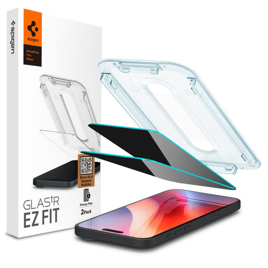 Displayschutzfolie Privacy Spigen GlastR EZ FIT für Apple iPhone 17 Pro / 17 / 16 Pro, gehärtetes Glas, Vollverklebung, Set mit 2 Stück AGL07929