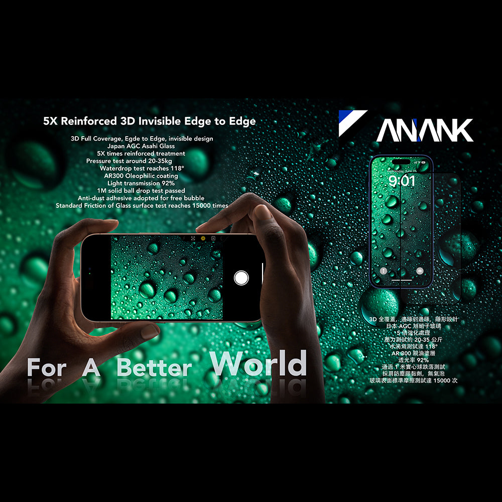 Schutzfolie Anank 5X Reinforced Invisible für Apple iPhone 17 Pro, Gehärtetes Glas, Full Glue, 3D, Schwarz