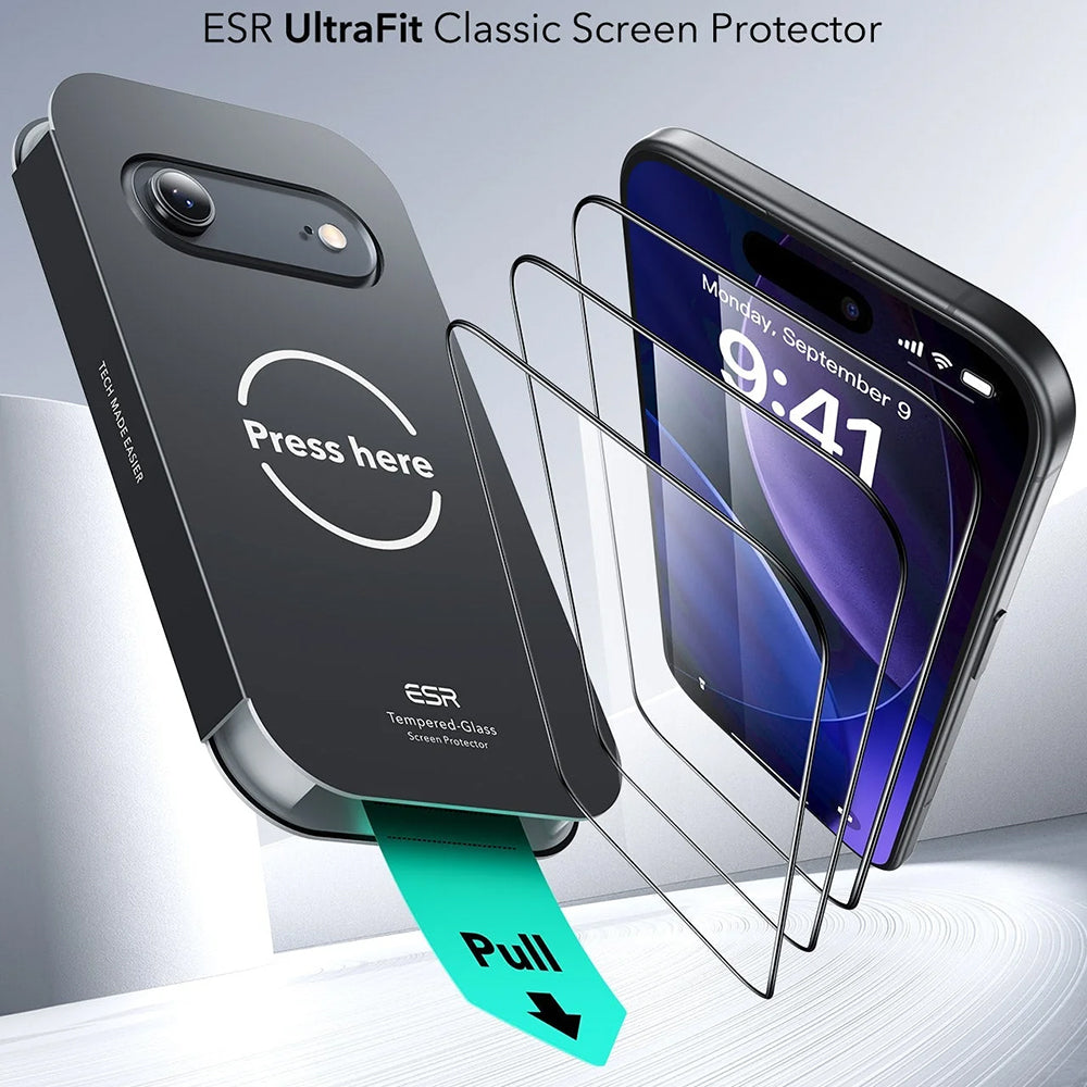 Schutzfolie ESR UltraFit für Apple iPhone 17 Air, gehärtetes Glas, Full Glue, Set mit 3 Stück.