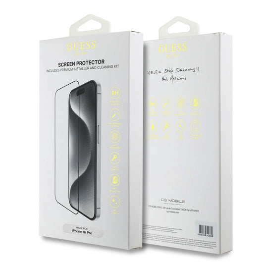 Schutzfolie Guess Classic Outline für Apple iPhone 16 Pro, Gehärtetes Glas, Full Glue, 2.5D, Schwarz GUTGP16LBOKGCIT