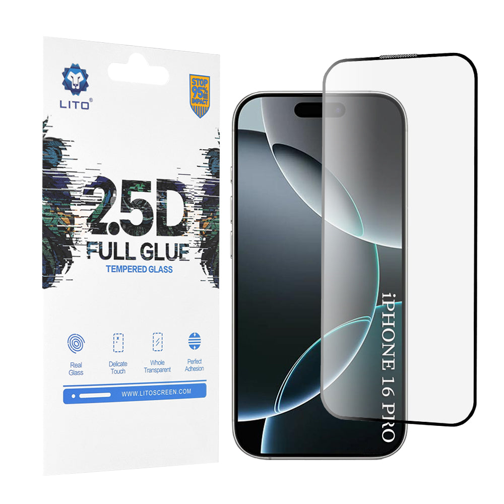 Schutzfolie Lito Bildschirm für Apple iPhone 17 / 16 Pro, Gehärtetes Glas, Vollkleber, 2.5D, Schwarz