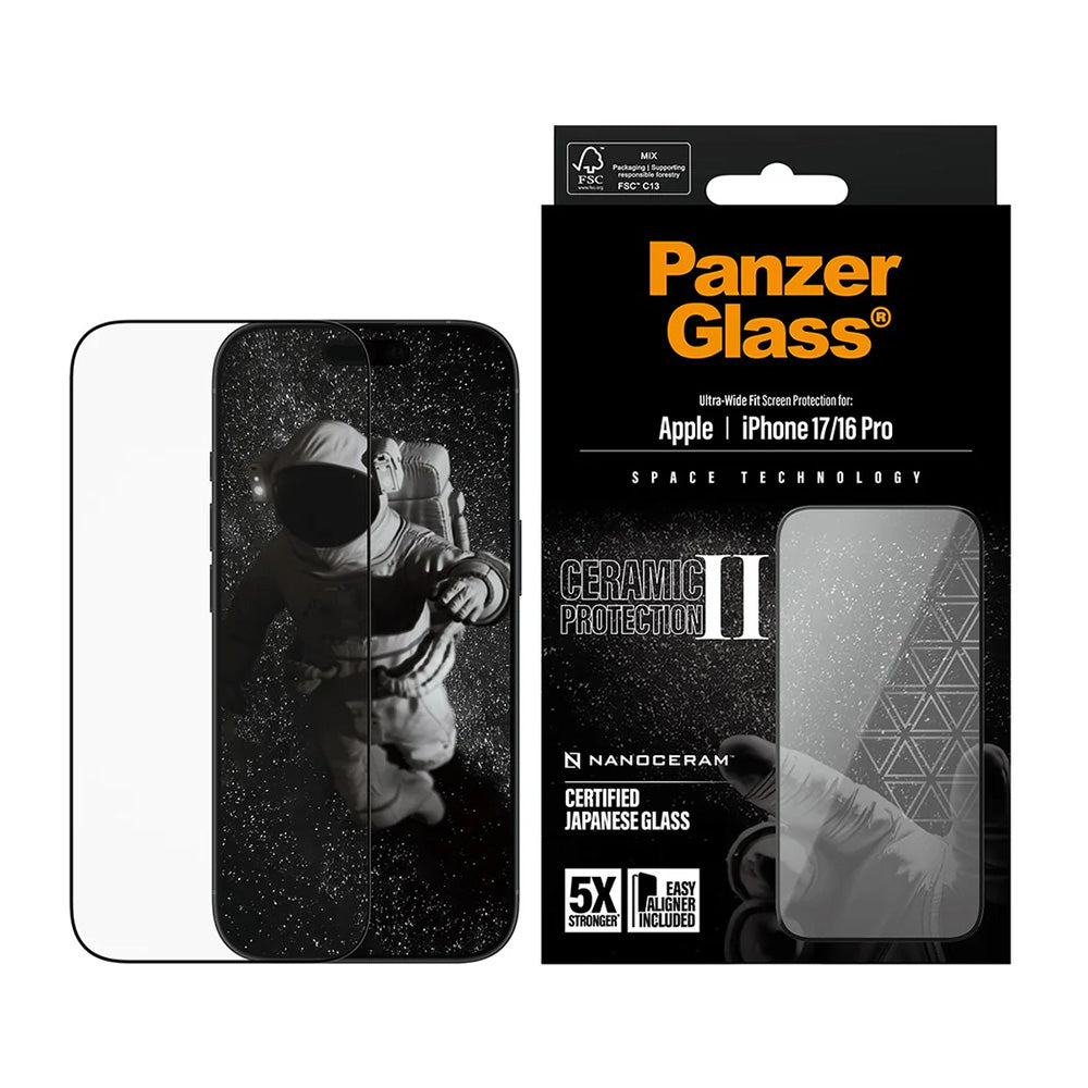 Schutzfolie PanzerGlass Ultra-Wide Ceramic II EasyAligner für Apple iPhone 17 / 16 Pro, gehärtetes Glas, Vollkleber, Schwarz