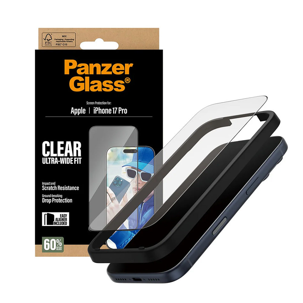 Schutzfolie PanzerGlass Ultra-Wide Fit EasyAligner für Apple iPhone 17 Pro, gehärtetes Glas, Full Glue, Schwarz