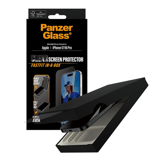 Schutzfolie PanzerGlass Ultra-Wide Fit Fastfit für Apple iPhone 17 / 16 Pro, gehärtetes Glas, Full Glue, Schwarz